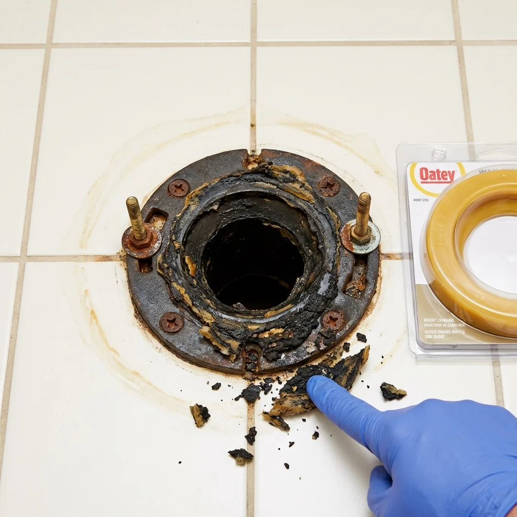 Failed wax ring showing water seepage at the base of a toilet in a Collinsville, OK home