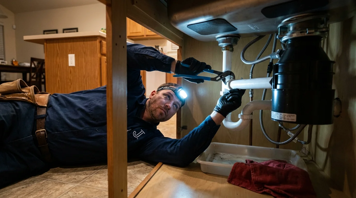 P-trap and supply line connections under a kitchen sink showing a common leak point in Collinsville, OK